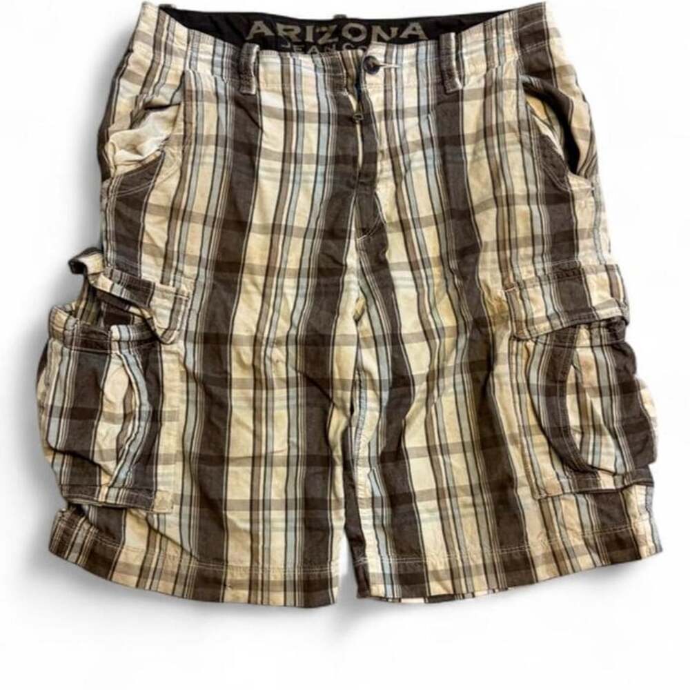 Arizona Jean Company Plaid Cargo Shorts Size 33 Brown Blue Y2K Streetwear